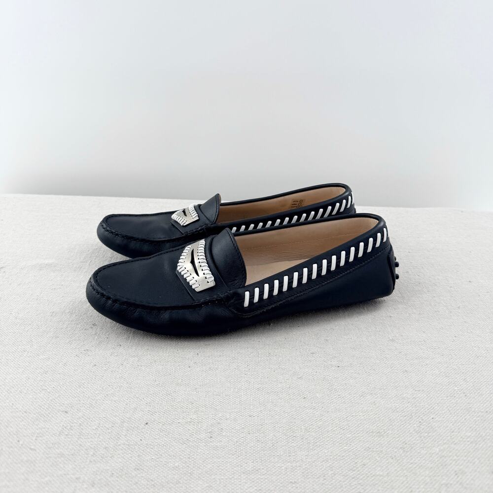 Tod's Gommino Leather Slip On Flat Driving Loafers Black White Trim Womens EU 41